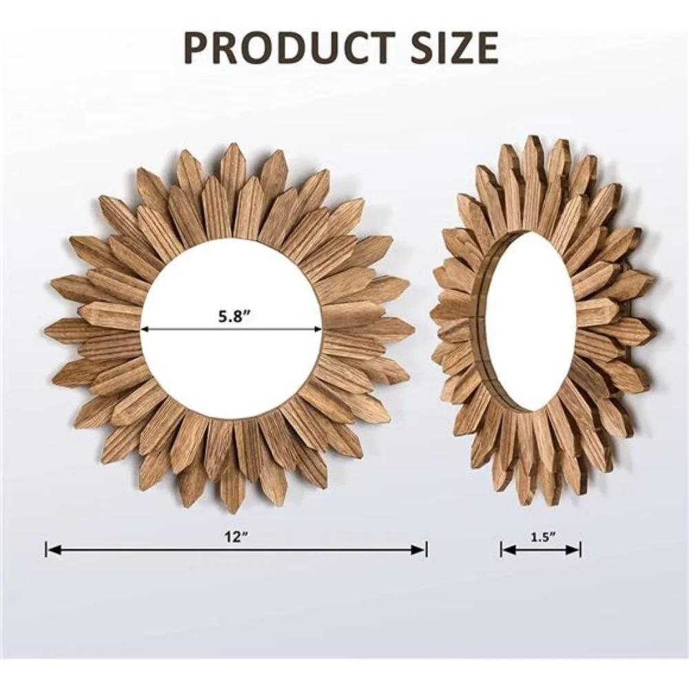Wall Mirror Decorative 12 inch Rustic Wood Mirror Sunburst Boho Mirror